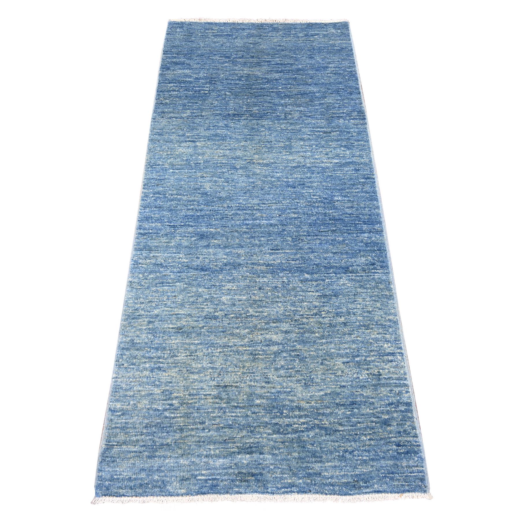 2'6"x5'10" Imperial Blue, Plain Solid Pattern, Hand Knotted, Hand Spun Ghazni Wool, Lush and Plush, Runner, Oriental Rug 